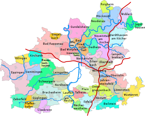 The cities and municipalities of the Heilbronn district