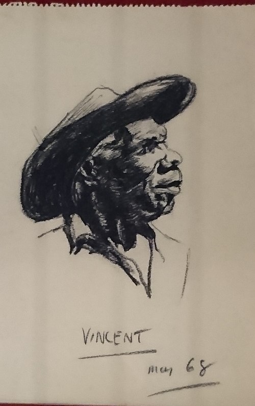 "Vincent, May 1968" (Vincent Lingiari, Gurindji man, leader of the Wave Hill strike); charcoal on paper, by Frank Hardy, drawn while researching his b