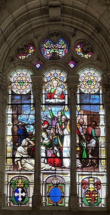 Vitrail relatif à la peste de 1519 en l'église Notre-Dame-des-Marais.