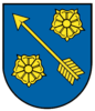 The coat of arms shows an ascending arrow and roses.