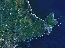 Landsat satellite photo of Cape Ann.  The communities of Rockport, Gloucester, Essex and Manchester form Cape Ann