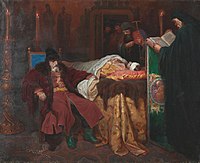Ivan the Terrible meditating at the deathbed of his son. Ivan's murder of his son brought about the extinction of the Rurik Dynasty and the Time of Troubles. Painting by Vyacheslav Schwarz (1861).