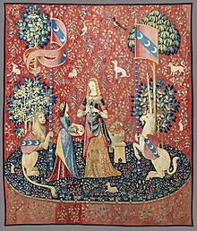 The Lady and the Unicorn, a Flemish tapestry depicting the sense of smell, 1484-1500. Musee national du Moyen Age, Paris. (Toulouse) L'Odorat (La Dame a la licorne) - Musee de Cluny Paris.jpg