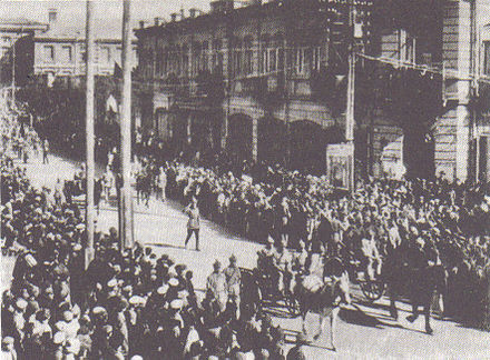 Members of the Soviet 11th Red Army marching down Yerevan's Abovyan Boulevard, effectively ending Armenian self-rule