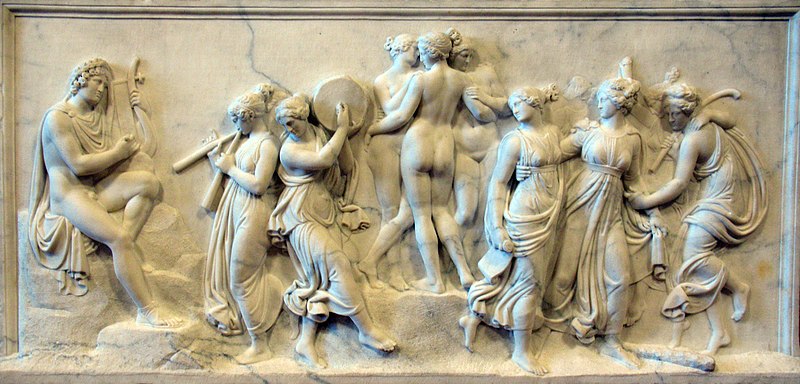 The Dance of the Muses at Mount Helicon by Bertel Thorvaldsen (1807). Hesiod cites inspiration from the Muses while on Mount Helicon.