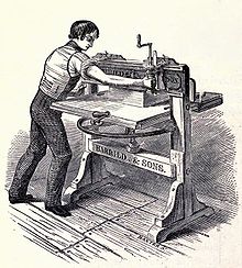 1820s old style paper cutter 1820s paper cutter, woodcut engraving by George Baxter.jpg