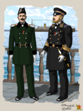 À esquerda está um engenheiro mecânico júnior do Departamento Naval, servindo em navios da Frota Voluntária em uniforme comum, à direita está um capitão em traje de gala (1899).