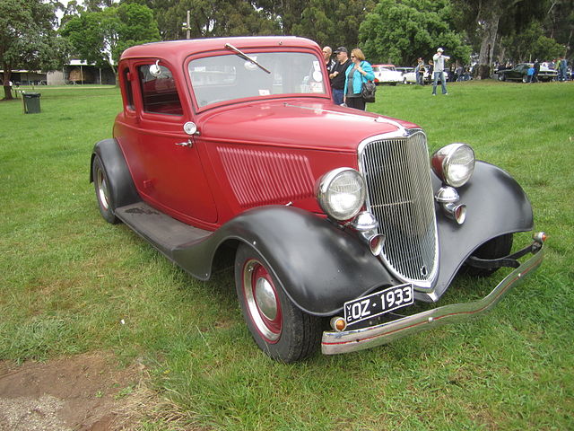 1933 Ford Model B Standard 5 Window Coupe. This car has incorrect wheels. Painted window frame indicates a Standard. Twin chromed horns and cowl lamps
