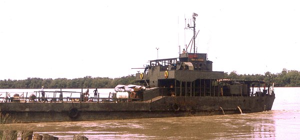 The large landing craft NRP Alfange supplying the garrison of Bambadinca, Portuguese Guinea, in the early 1970s.