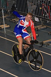 Hoy celebrates winning the keirin at the 2010 UCI Track Cycling World Championships in Ballerup, Denmark 2010 World Champs Chris Hoy.jpg