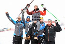 Team Hirscher (von links): Stefan Illek, Michael Pircher, Marcel Hirscher, Josef Percht, Ferdinand Hirscher (2017)