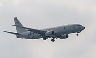 A Boeing P-8 Poseidon, tail number 168761, on final approach at Kadena Air Base in Okinawa, Japan. It is assigned to Patrol Squadron 45 (VP-45) at NAS Jacksonville, Florida, United States.