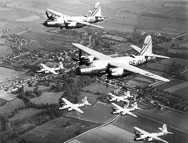 Formation of Martin B-26Bs of the 397th Bomb Group. Closest two aircraft are B-26B-55-MA S/N 42-96137 (9F-Y) and 42-96191 (9F-N) "Milk Run Special" of