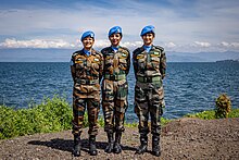 Three female UN Peacekeepers celebrate International Day of the UN peacekeeper 2023 (on 25 May!) in Goma, North Kivu, DRC 3 peacekeepers witnessed by Lieutenant General Otavio Rodrigues De Miranda Filho, Laila Bourhil and Lieutenant General Constant Ndima Kongba.jpg