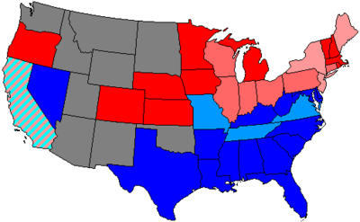 House seats by party holding plurality in state
.mw-parser-output .legend{page-break-inside:avoid;break-inside:avoid-column}.mw-parser-output .legend-color{display:inline-block;min-width:1.25em;height:1.25em;line-height:1.25;margin:1px 0;text-align:center;border:1px solid black;background-color:transparent;color:black}.mw-parser-output .legend-text{}
80+% to 100% Democratic
80+% to 100% Republican
60+% to 80% Democratic
60+% to 80% Republican
Up to 60% Democratic
Up to 60% Republican 47 us house membership.png