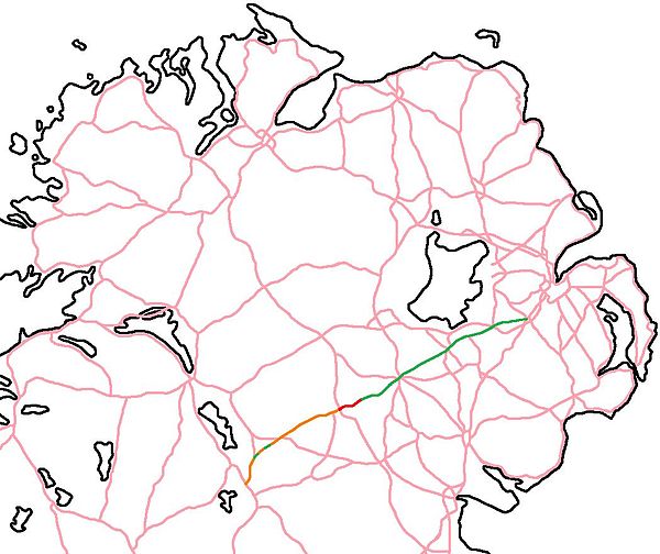 The route of the A3 in green from Lisburn city centre (Co. Antrim) towards Cavan town. The N12 is red, and the N54 is shaded orange to show the contin