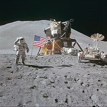 Astronaut James Irwin salutes the flag during the Apollo 15 lunar mission AS15-88-11866 - Apollo 15 flag, rover, LM, Irwin - restoration1.jpg