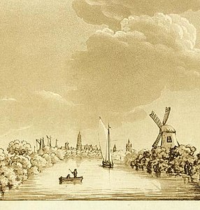 Vue de Delft depuis la direction de Rotterdam, tirée de A picturesque tour through Holland, Brabant, and part of France; made in the autumn of 1789 (1790)[12].