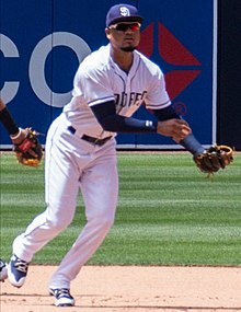 WASHINGTON, DC - MAY 27: San Diego Padres left fielder Allen Cordoba (17)  makes contact during a MLB game between the Washington Nationals and the San  Diego Padres on May 27, 2017