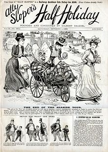 Ally Sloper en compagnie des « filles du Friv », les amies actrices de sa fille, en couverture du numéro du 1er octobre 1892 d'Ally Sloper's Half Holiday. Dessin de W. Fletcher Thomas.