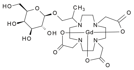 The a-series of b-galactosidase-activated MR contrast agents. Prior to cleavage, the sugar blocks water from accessing the gadolinium ion. The active enzyme will cleave the sugar, allowing water to interact with the paramagnetic center. Alpha series.svg