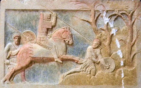 An Achaemenid dynast of Hellespontine Phrygia attacking a Greek psilos, Altıkulaç Sarcophagus, early 4th century BC.