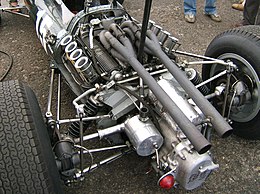 The high-exhaust version of the BRM P56 V8 engine, installed in the rear of BRM P261 BRM P261 engine Donington.jpg