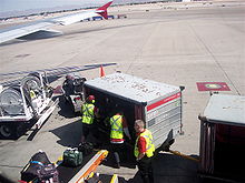 Baggage handlers loading a Northwest Airlines airplane at McCarran International Airport BaggagehandlerLAS.JPG