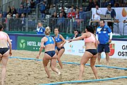 Deutsch: Beachhandball Europameisterschaften 2019 (Beach handball Euro); Tag 5: 6. Juli 2019 – Frauen, Platzierungsspiel für die Ränge 17–20, Nordmazedonien-Slowenien 0:2 (10:13, 9:15) English: Beach handball Euro; Day 5: 6 July 2019 – Placement Match/Cross Match for rank 17–20 Women – North Macedonia-Slovenia 0:2 (10:13, 9:15)