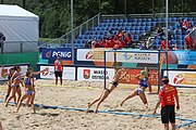 Deutsch: Beachhandball Europameisterschaften 2019 (Beach handball Euro); Tag 2: 3. Juli 2019 – Frauen, Vorrunde Gruppe C, Spanien-Griechenland 2:1 (12:20, 18:16; 8:2) English: Beach handball Euro; Day 2: 3 July 2019 – Women Preliminary Round Group C – Spain-Greece 2:1 (12:20, 18:16; 8:2)