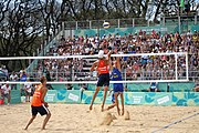 Deutsch: Beachvolleyball bei den Olympischen Jugendspielen 2018; Tag 11, 17. Oktober 2018; Jungen,Finale – Niederlande (Matthew Immers/Yorick de Groot)-Schweden (David Åhman/Jonatan Hellvig) 0:2 (20–22/15–21) English: Beach volleyball at the 2018 Summer Youth Olympics at 17 October 2018 – Final – Netherlands (Matthew Immers/Yorick de Groot)-Sweden (David Åhman/Jonatan Hellvig) 0:2 (20–22/15–21)