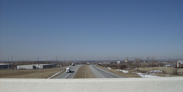 View westward from the U.S. Route 68 bridge over U.S. Route 33 on the north side of the city, near Campbell Hill.