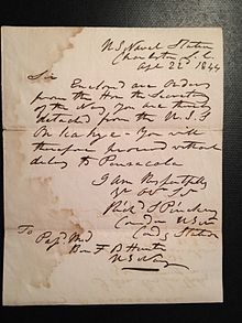 Original Naval Orders to detach from the U.S.S. On-ka-hy-e and proceed to Pensacola Ben FB Hunter orders to Pensacola Apr 22 1884.jpg