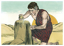 Jacob poured oil on the stone (1984 illustration by Jim Padgett, courtesy of Distant Shores Media/Sweet Publishing) Book of Genesis Chapter 28-6 (Bible Illustrations by Sweet Media).jpg