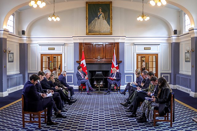 Prime Minister Boris Johnson holding a bilateral summit with the Prime Minister of Canada, Justin Trudeau, inside the RAF Northolt Officers' Mess, 7 M