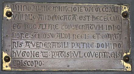 Brass foundation plaque for St Oswald
