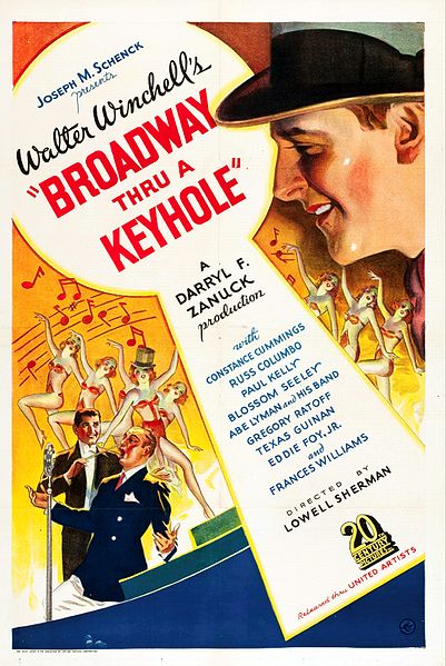  Poster for the 1933 film Broadway Through a Keyhole.There are no copyright marks.  At bottom left is This paper leased to the exhibitor by United Artists Corporation. At lower right is the logo for the Miner Litho Co.-they printed the poster. United States Copyright Office page 2 "Visually Perceptible Copies The notice for visually perceptible copies should contain all three elements described below. They should appear together or in close proximity on the copies.1 The symbol © (letter C in a circle); the word “Copyright”; or the abbreviation “Copr.” 2 The year of first publication. If the work is a derivative work or a compilation incorporating previously published material, the year date of first publication of the derivative work or compilation is sufficient. Examples of derivative works are translations or dramatizations; an example of a compilation is an anthology. The year may be omitted when a pictorial, graphic, or sculptural work, with accompanying textual matter, if any, is reproduced in or on greeting cards, postcards, stationery, jewelry, dolls, toys, or useful articles. 3 The name of the copyright owner, an abbreviation by which the name can be recognized, or a generally known alternative designation of owner.1 Example © 2007 Jane Doe.")
