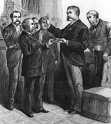 Arthur taking the oath of office as administered by Judge John R. Brady at Arthur's home in New York City, September 20, 1881 CAArthur-oathofoffice (edit).jpg