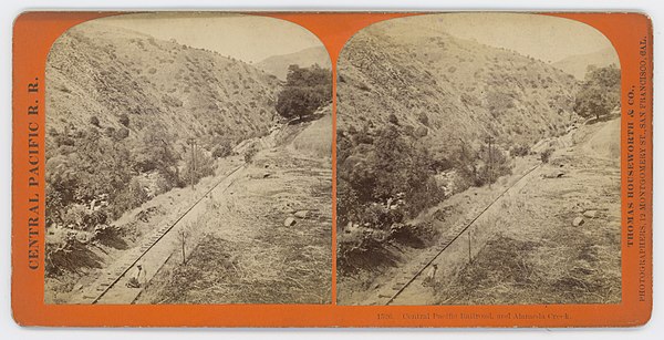 Central Pacific Railroad, and Alameda Creek. Stereo photo taken between 1867 and 1869.