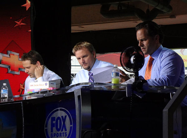 Chris Rose (left), Pierzynski (center), and Eric Karros (right) during the pregame show of the 2011 World Series