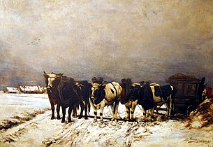 Cinq Bœufs sur la neige, daté de 1867 à Bruxelles. 1,30 × 0,89 m