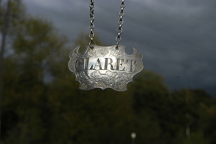 Claret, English silver bottle ticket, by Sandylands Drinkwater
