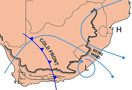 The weather pattern commonly associated with a berg wind and accompanying coastal low along the coast of South Africa. The light blue lines indicate surface wind directions. The "H" indicates the position of a portion of the South Indian Ocean Anticyclone (high pressure system); the "L" indicates the position of the coastal low. Coastal low.jpg