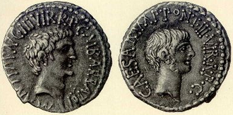 A denarius of both Octavianus and Marcus Antonius struck in 41 BC Coin Octavianus and Mark Antony.PNG