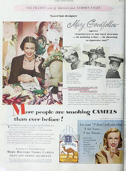 File:Cool, mild Camels suit me best, says noted hat designer Mary Goodfellow, 1948.jpg