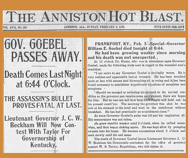 Coverage of Goebel's assassination on The Anniston Hot Blast's cover page (February 4, 1900)