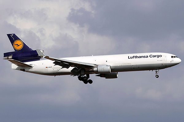 A now retired Lufthansa Cargo McDonnell Douglas MD-11F wearing the airline's former livery in 2010.