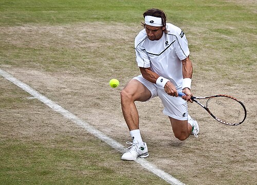 Ferrer exécutant un revers au tournoi de Wimbledon 2011.