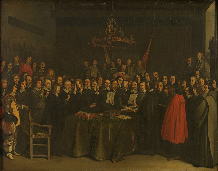 File:De beëdiging van het vredesverdrag tussen Spanje en de Verenigde Nederlanden in het Raadhuis van Munster, 15 mei 1648, SK-A-405.jpg