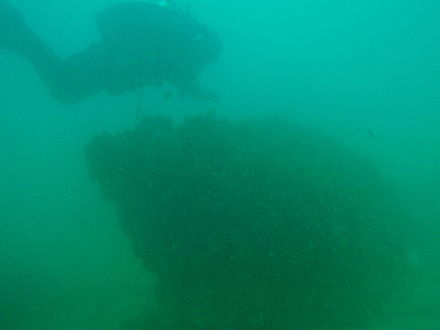 Diver over the boiler of Boiler Wreck 2